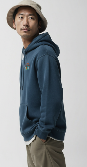 Man wearing a blue organic cotton hoodie with a Retro Radio logo on a white background
