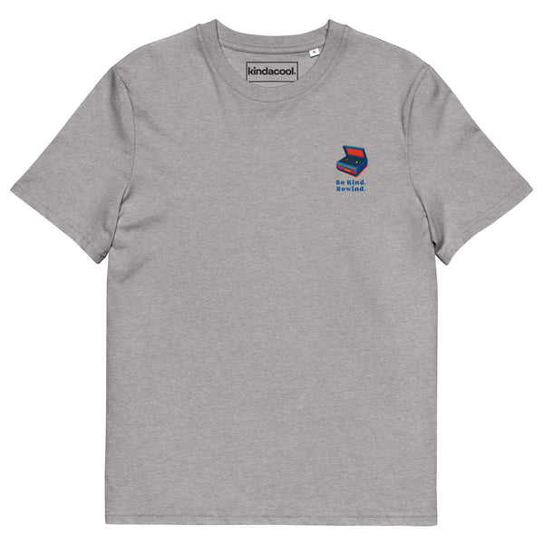 Gray t-shirt with a small kindacool video rewinder logo on the chest
