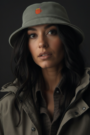 Woman wearing a gray pumpkinspice bucket hat with an embroidered design against a dark background
