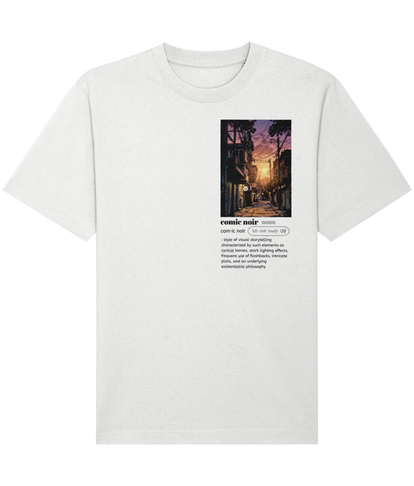 White t-shirt with a comic-noir-graphic design of a street scene and text on a white background