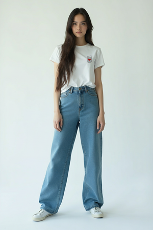 Person wearing a white t-shirt with a small graphic and blue jeans on a plain background