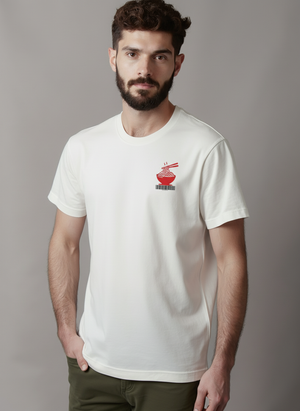 Man wearing a white t-shirt with a red and black graphic on a gray background