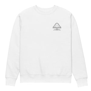 Kindacool White sweatshirt with a black bell curve logo on the back against a white background