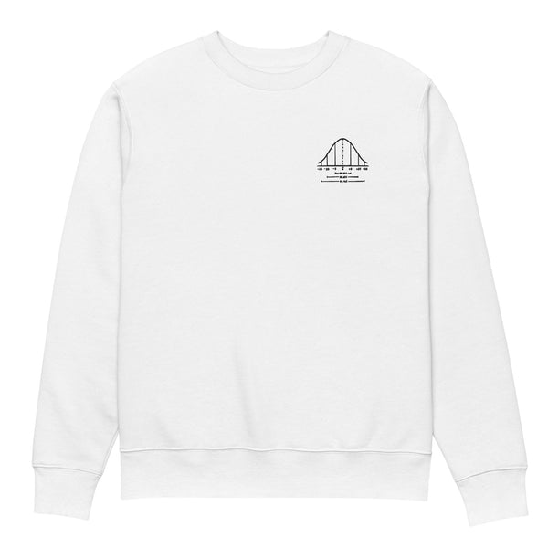 Kindacool White sweatshirt with a black bell curve logo on the back against a white background